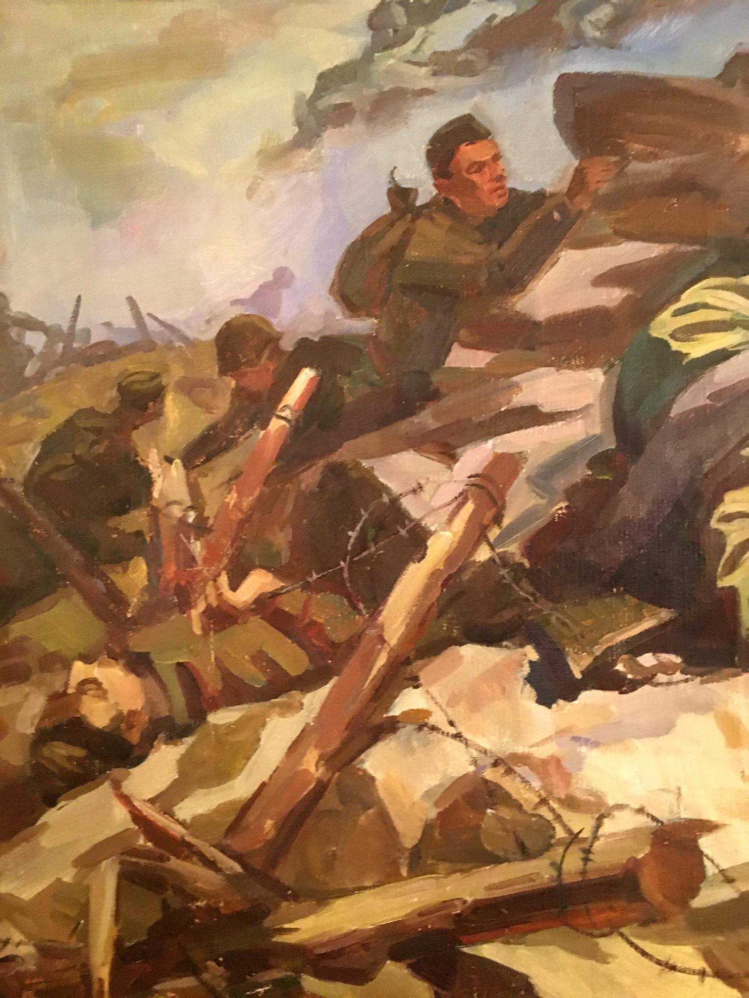 Oil painting by Strelov Arkady Efimovich: warrior advances through battlefield barbed wire