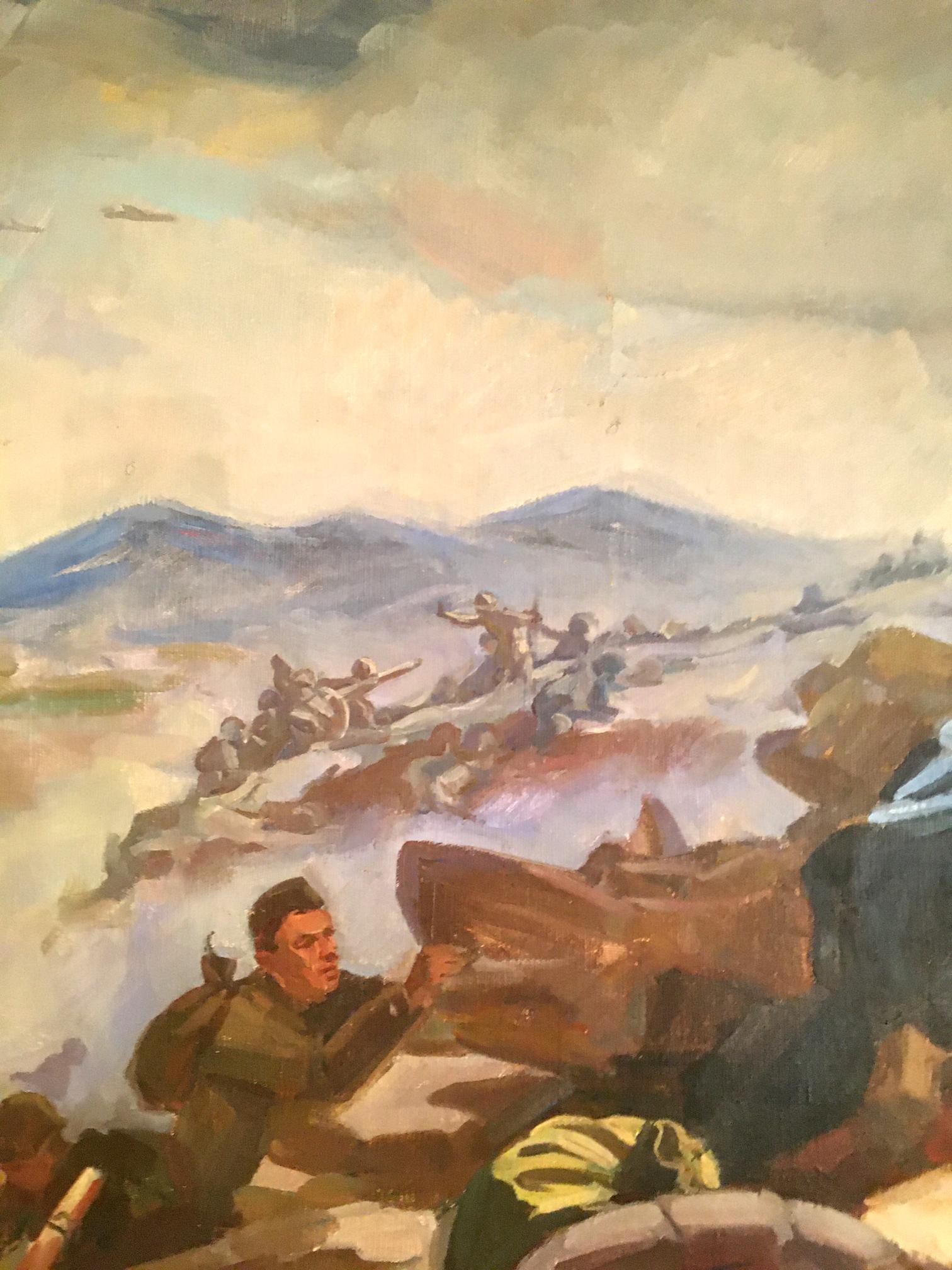 Oil painting Battlefields by Strelov Arkady Efimovich, soldiers in muted battlefield