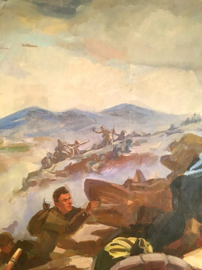 Oil painting Battlefields by Strelov Arkady Efimovich, soldiers in muted battlefield