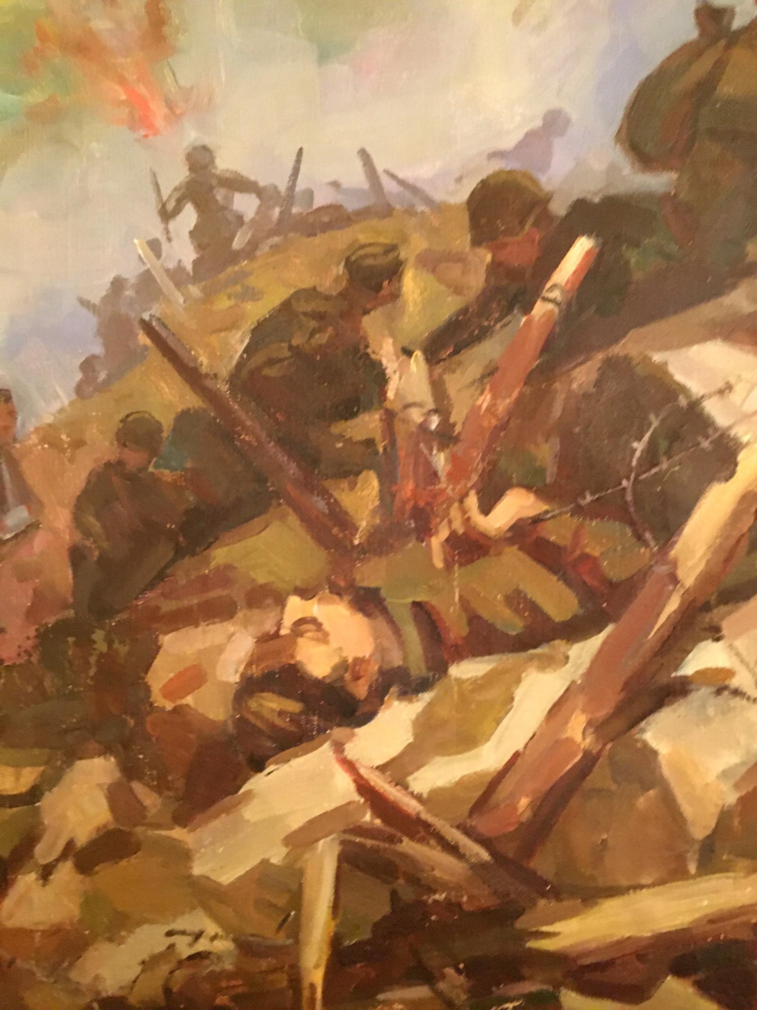 Oil painting Battlefields by Strelov Arkady Efimovich, soldiers in trench