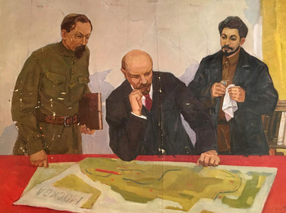 Vintage Serov oil painting of Lenin party examining M. map