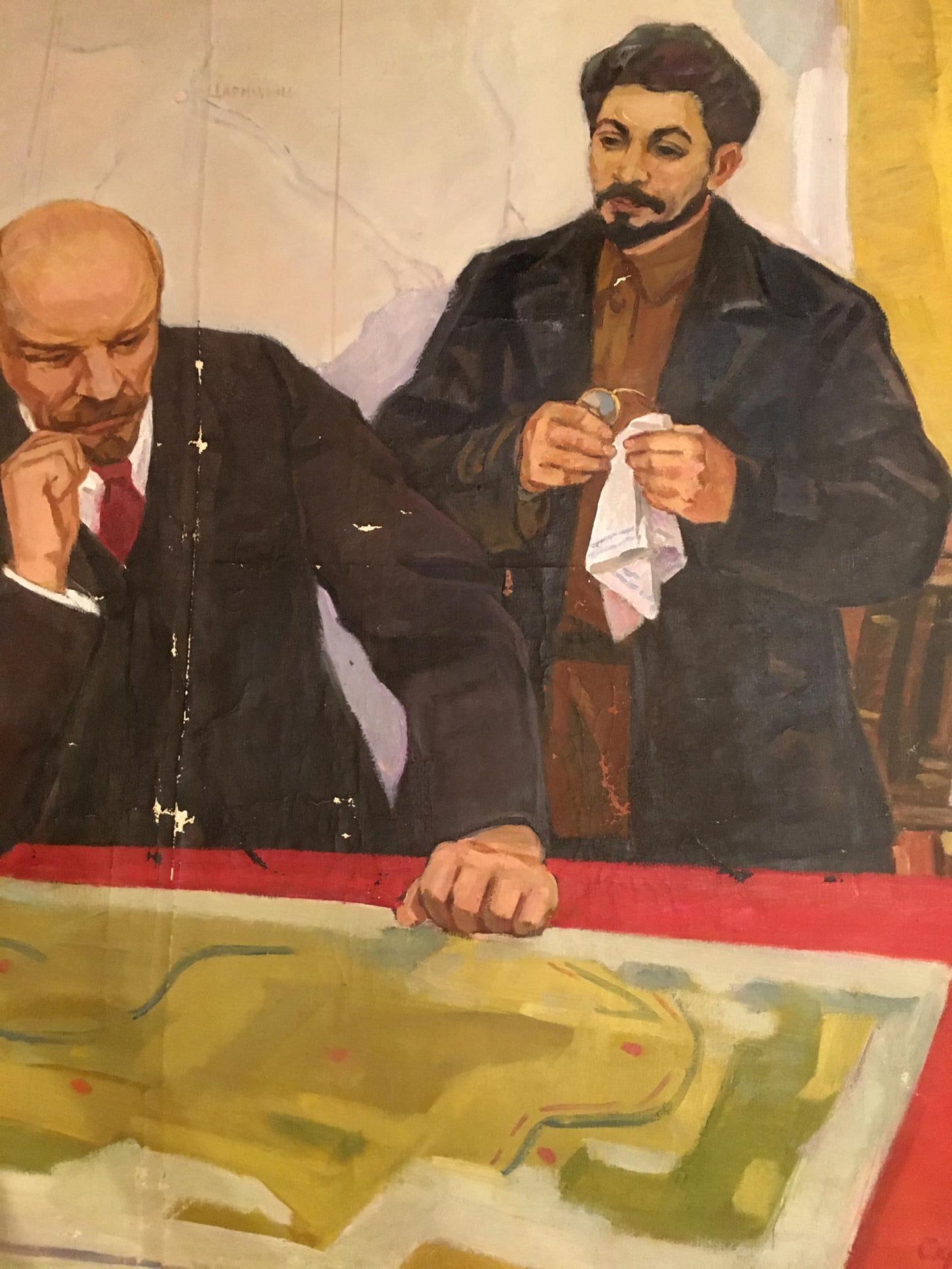 Vintage Serov oil painting mural of bald man in red tie and bearded man in coat