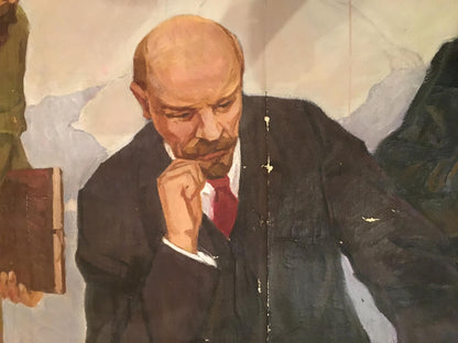 Oil painting portrait of bald Lenin by Valentin Serov in suit and red tie