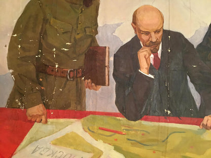 A painted mural depicting a man in a dark suit and red tie, with his hand resting on his chin as he examines a map.