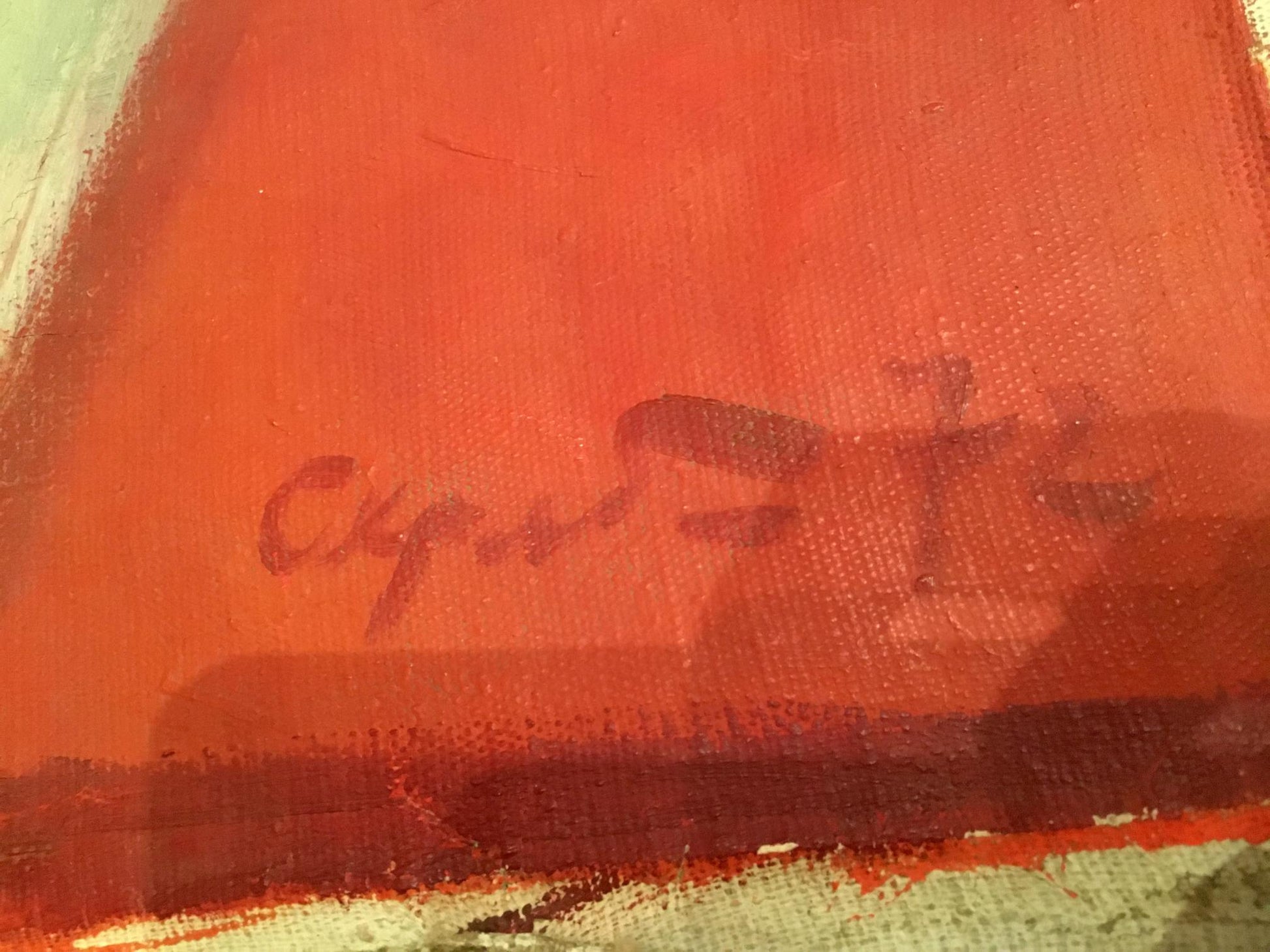 Textured vibrant red canvas back of Serov Oil painting Party of Lenin with faint signature