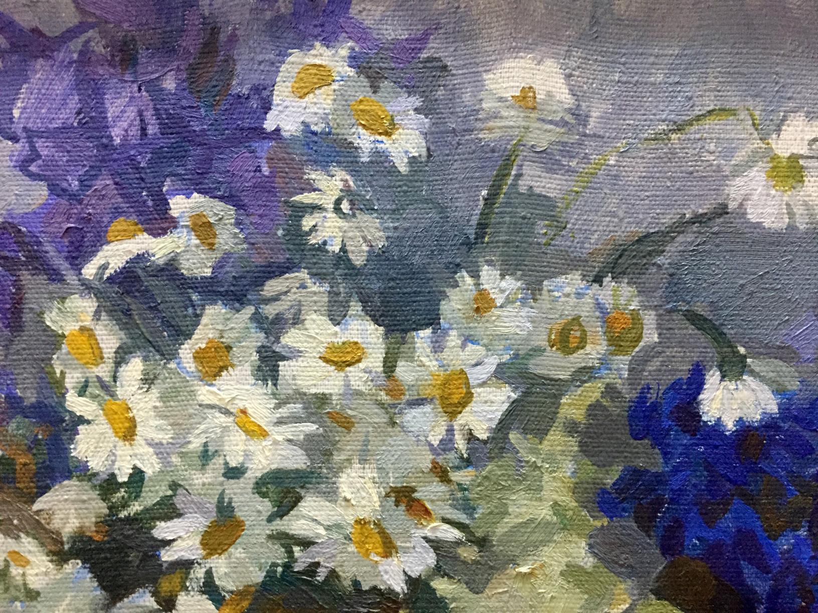 Vibrant oil painting of white daisies and purple blue flowers by Yukhno-Gurevich Anna Meerovna