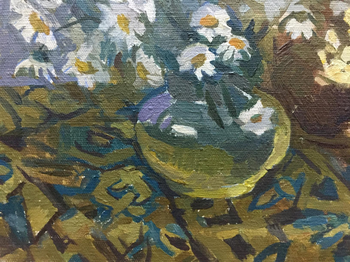 Oil painting by Yukhno-Gurevich Anna Meerovna: greenish-yellow vase with white daisies