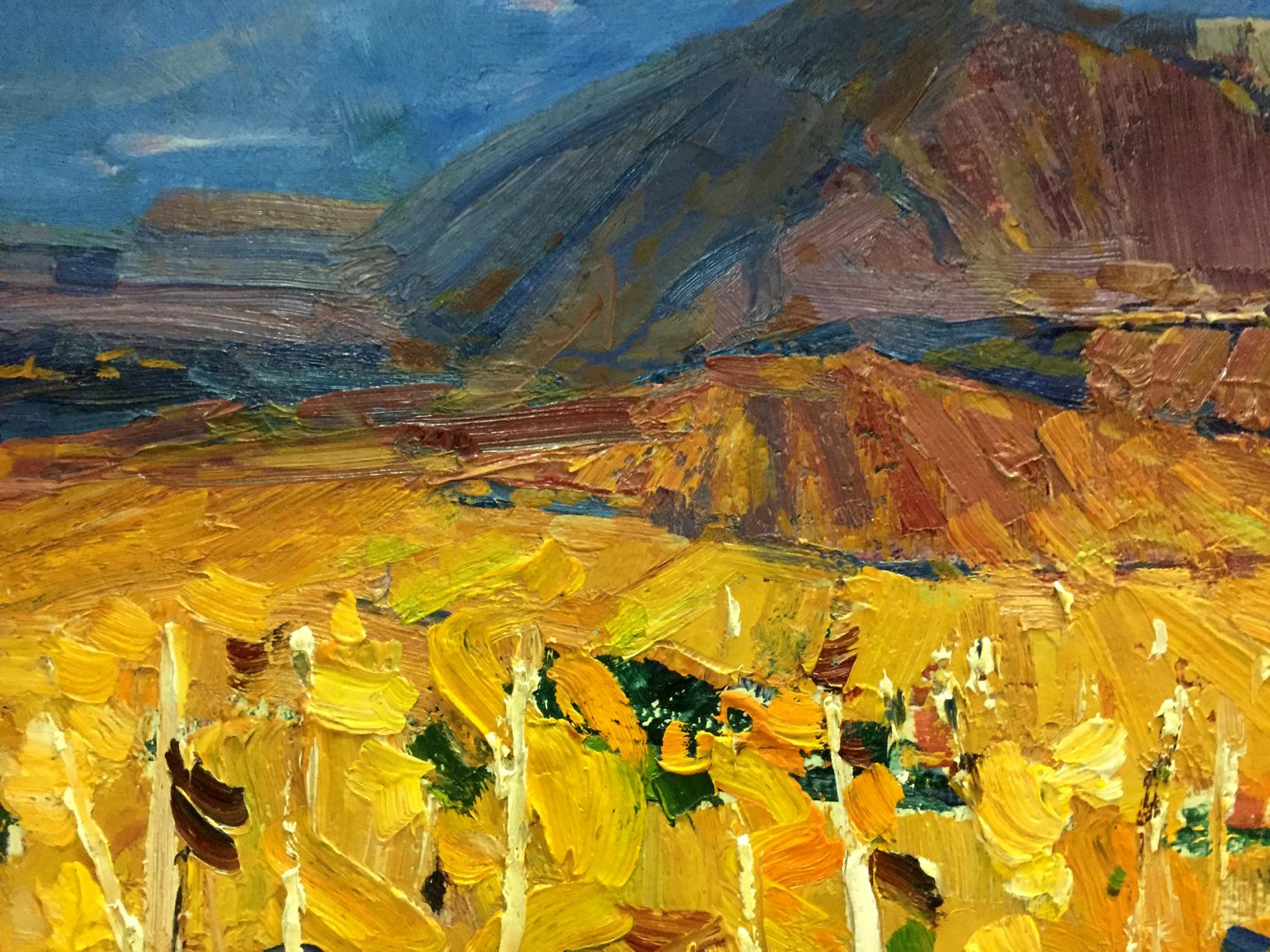 Vibrant impressionist oil painting by Stremsky Alexander Ivanovich: golden field under blue sky