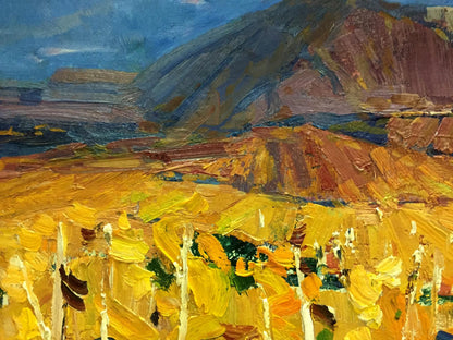 Vibrant impressionist oil painting by Stremsky Alexander Ivanovich: golden field under blue sky