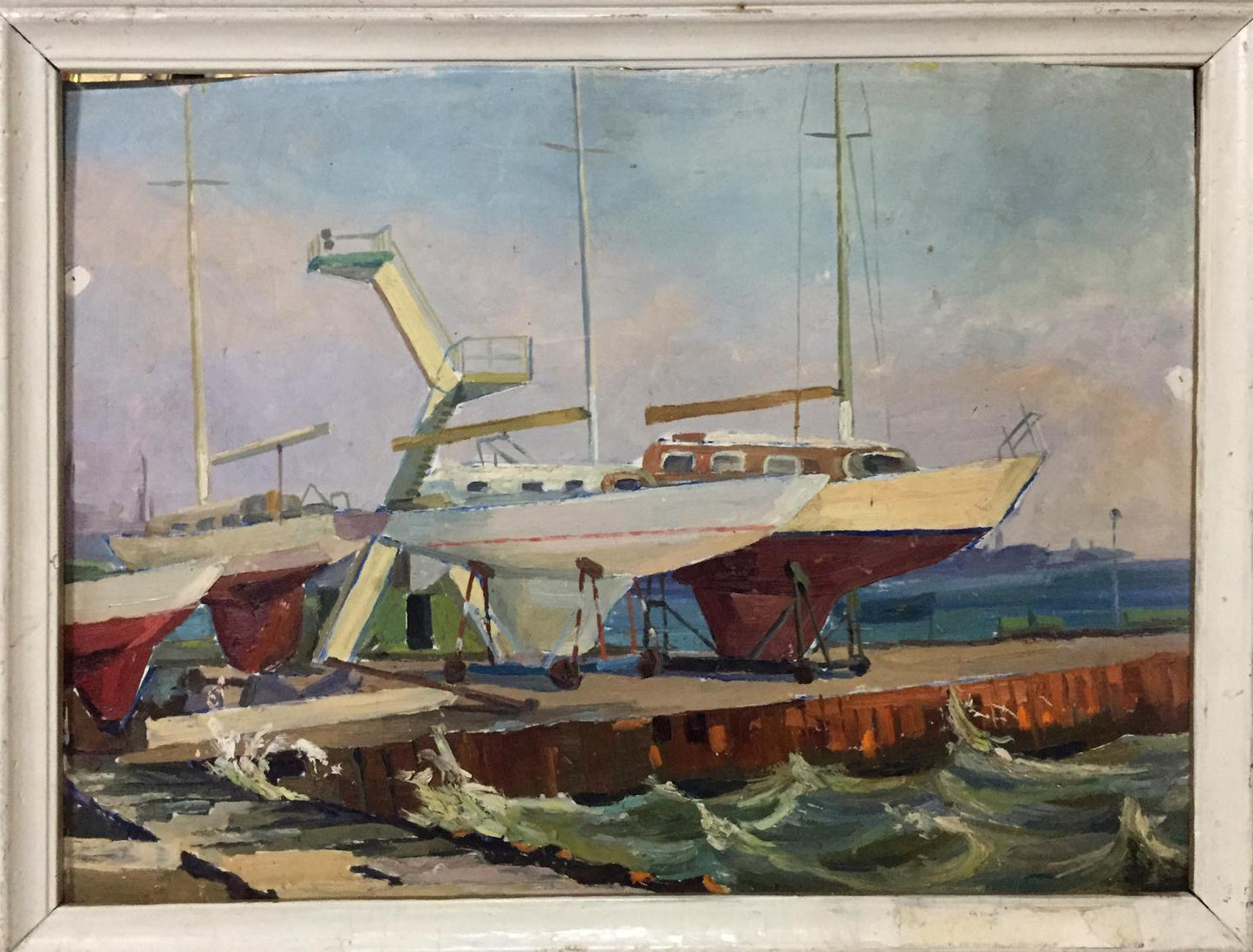 Oil painting of white and red sailboat with wooden deck on dockside supports in Ship’s bay