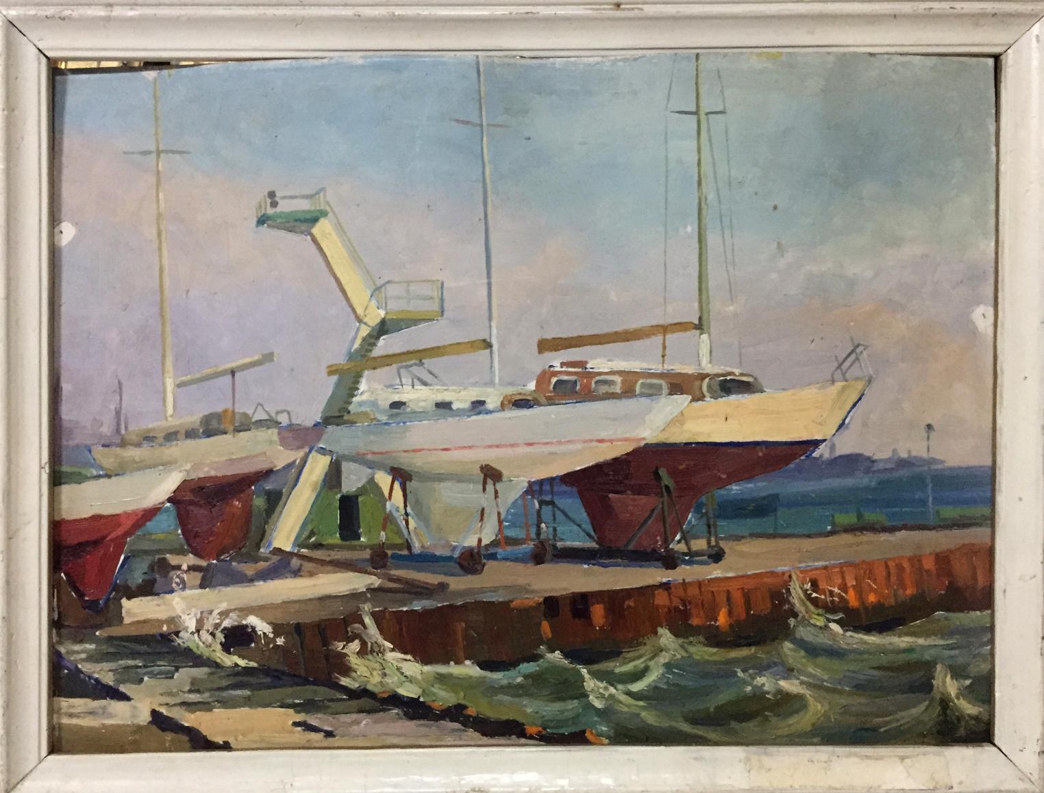 Oil painting of white and red sailboat with wooden deck on dockside supports in Ship’s bay