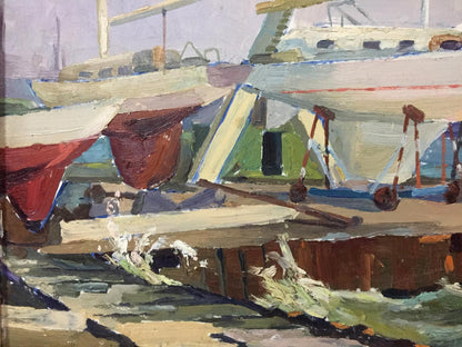 Textured impressionist oil painting of Ship’s Bay harbor with boats and docks