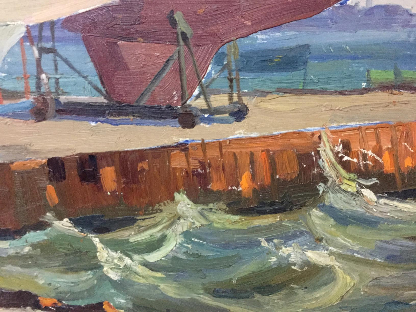 Oil painting of red biplane on weathered pier in Ships bay