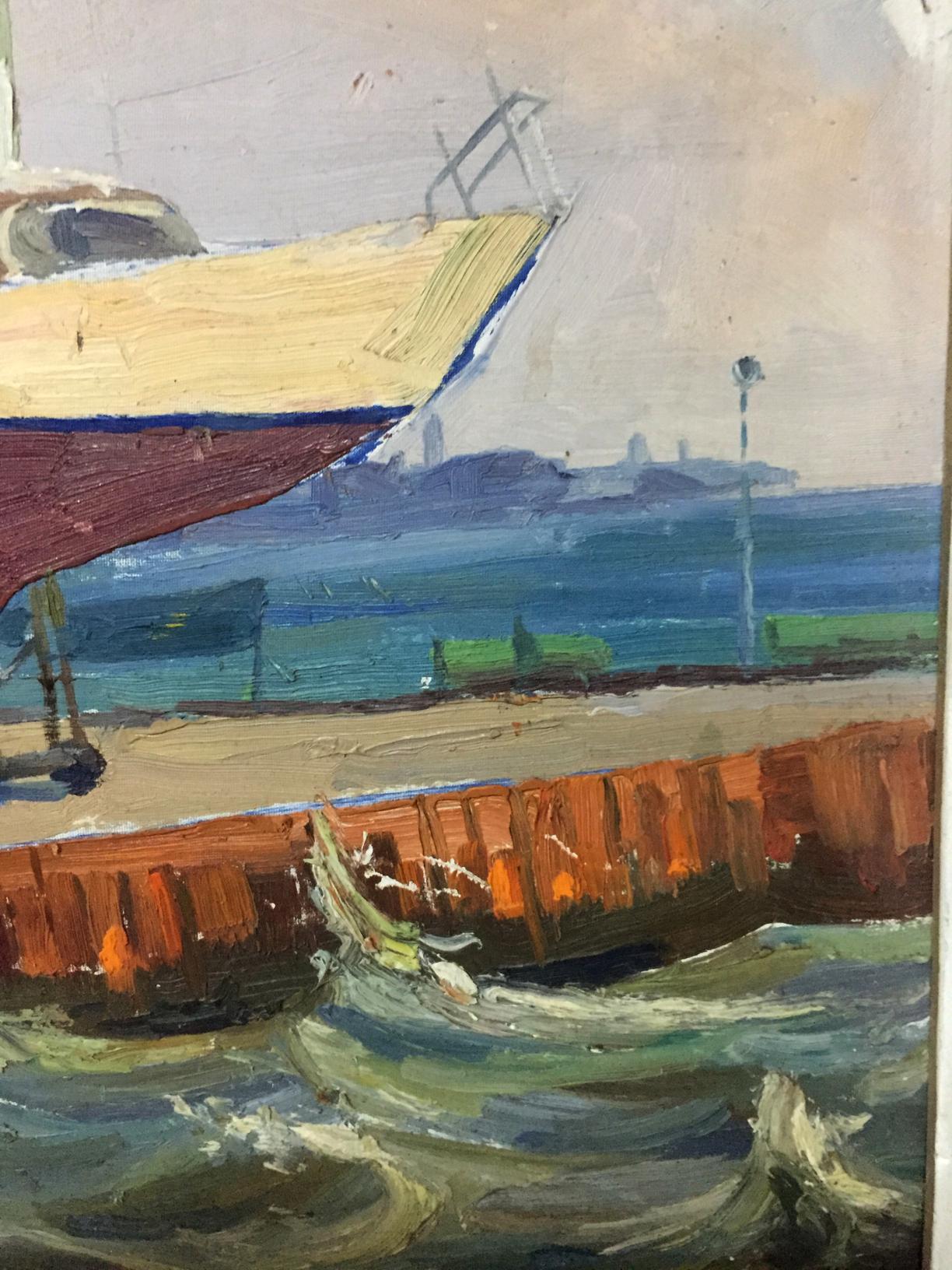 Oil painting of Ship’s Bay: boat with yellow upper hull and red lower at dock