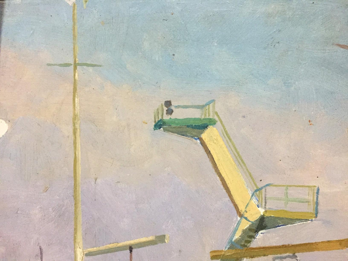 Yellow and green aerial lift platform in Oil painting Ships bay against blue sky