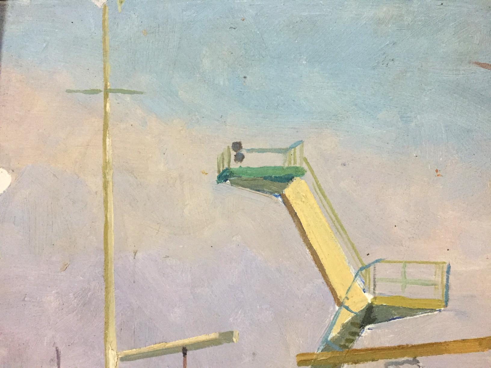 Yellow and green aerial lift platform in Oil painting Ships bay against blue sky