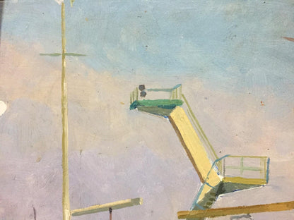 Yellow and green aerial lift platform in Oil painting Ships bay against blue sky