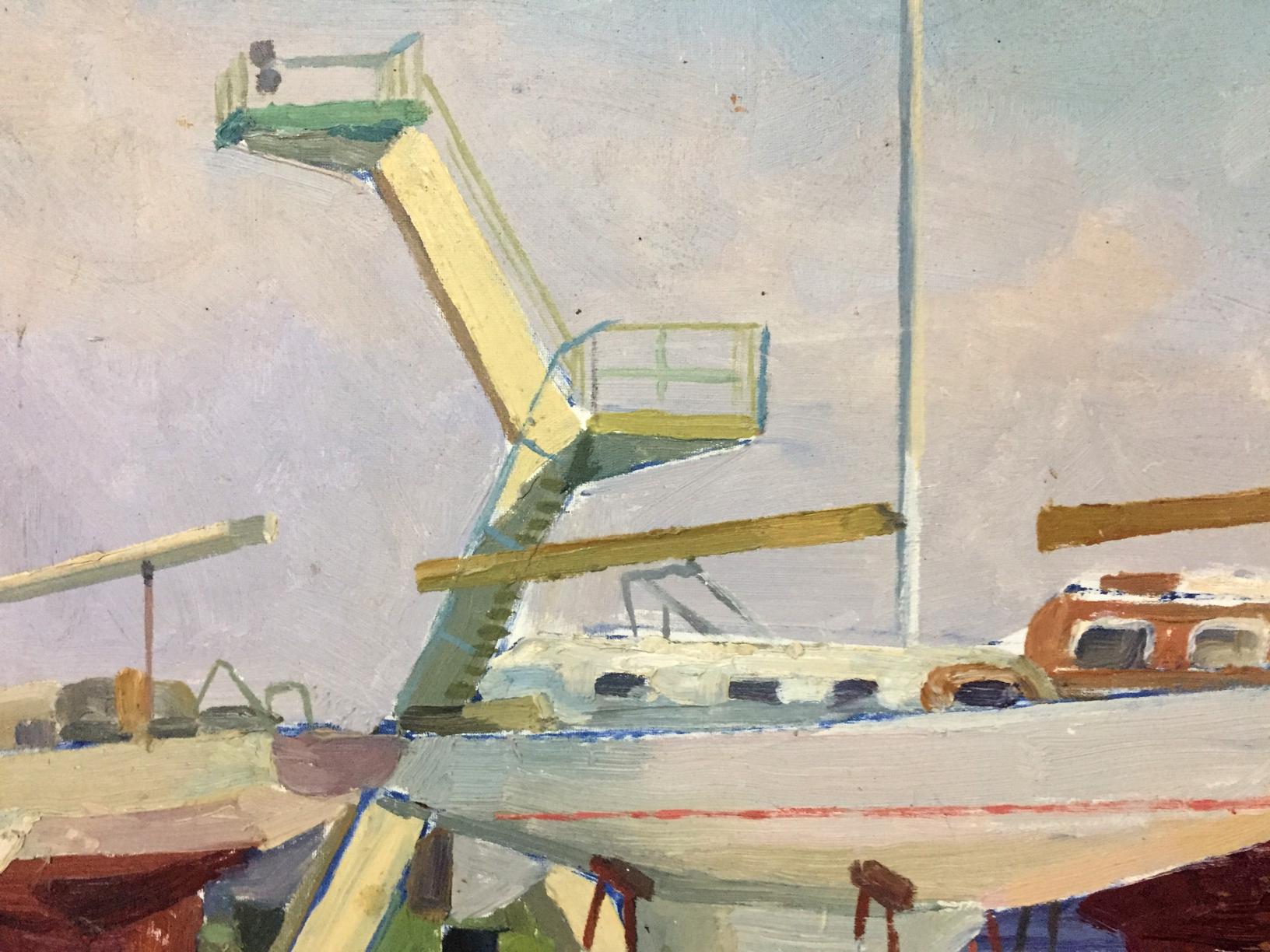 Oil painting of Ships bay: yellow green aerial lift by white boat with red trim
