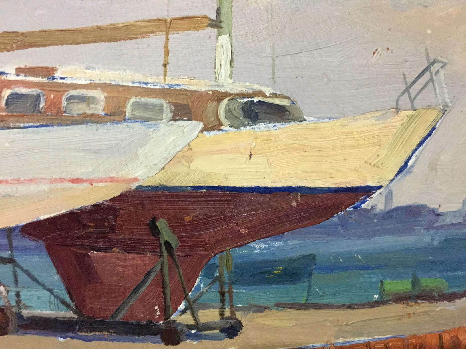 Oil painting of Ship’s Bay: wooden sailboat with red hull, white superstructure, yellow bow