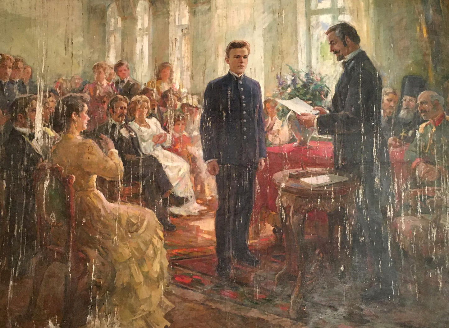Oil painting Performance Daniil Bednoshey: young man receives documents in grand hall