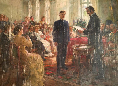 Oil painting Performance Daniil Bednoshey: young man receives documents in grand hall