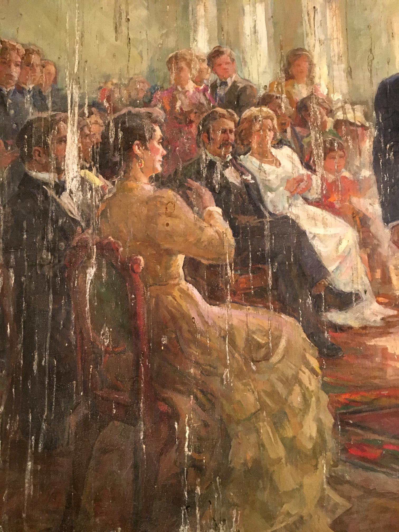 Elegant woman in golden gown sits poised in audience, oil painting by Daniil Bednoshey
