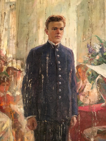 Dark blue embroidered formal jacket with silver buttons from Oil painting Performance Daniil Bednoshey