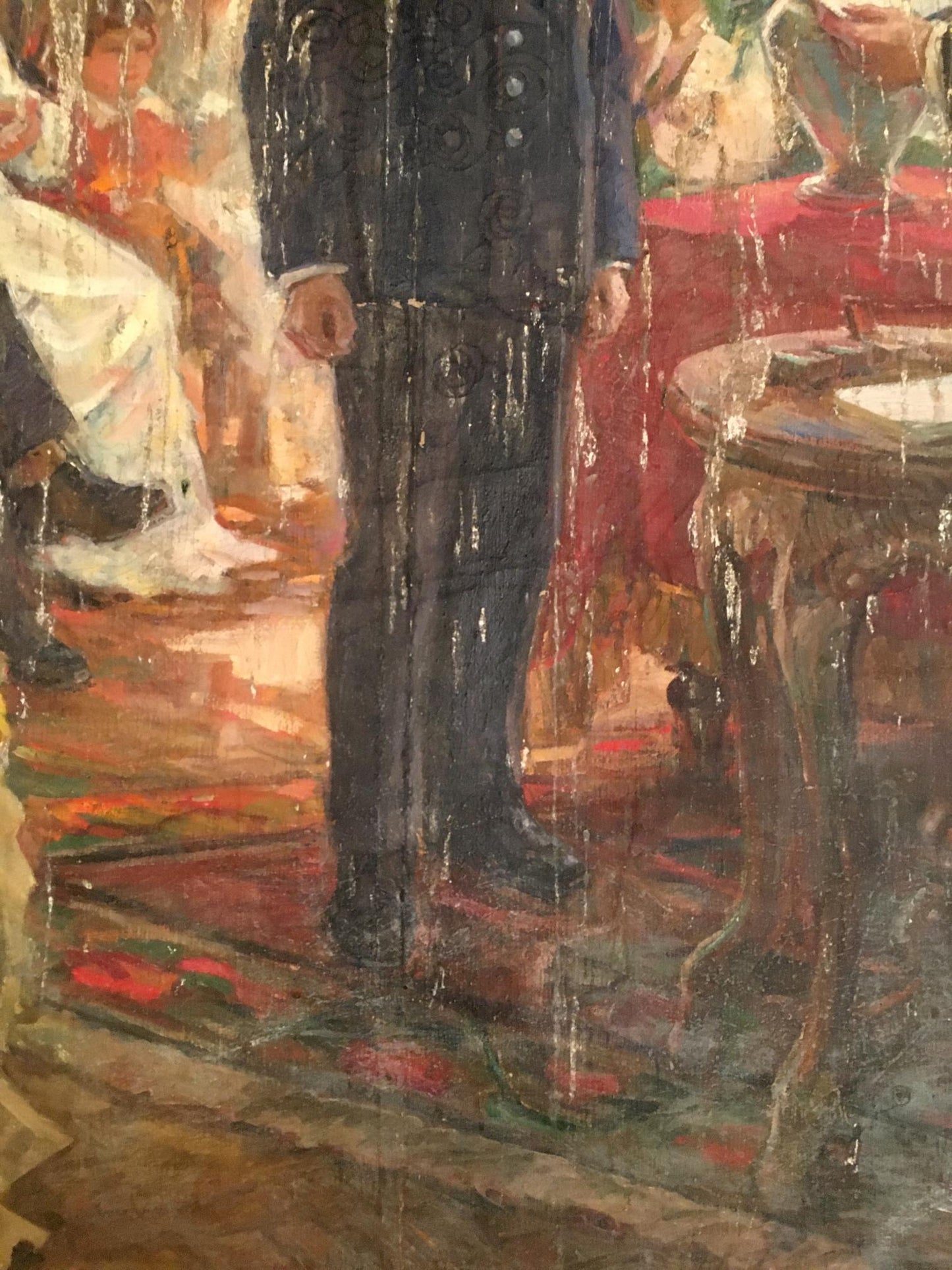 Oil painting of Daniil Bednoshey in dark navy double-breasted suit with gold buttons