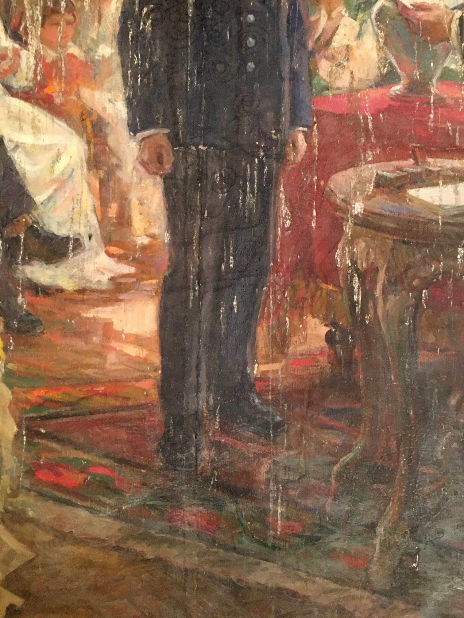 Oil painting of Daniil Bednoshey in dark navy double-breasted suit with gold buttons