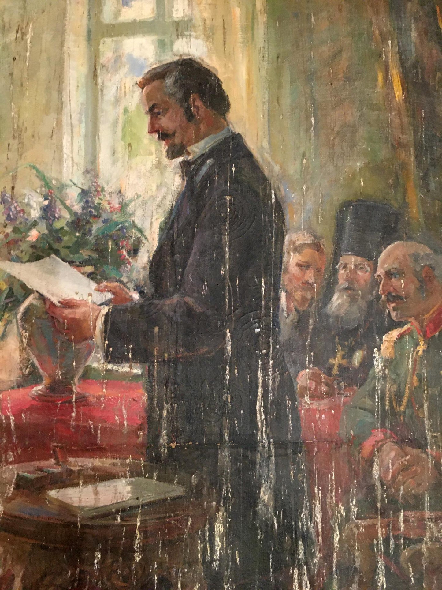 Oil painting of Performance Daniil Bednoshey: man in suit with bow tie holding papers