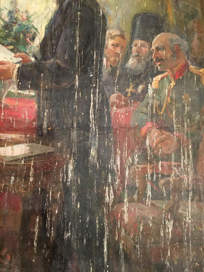 Weathered oil painting Performance Daniil Bednoshey of men in military attire