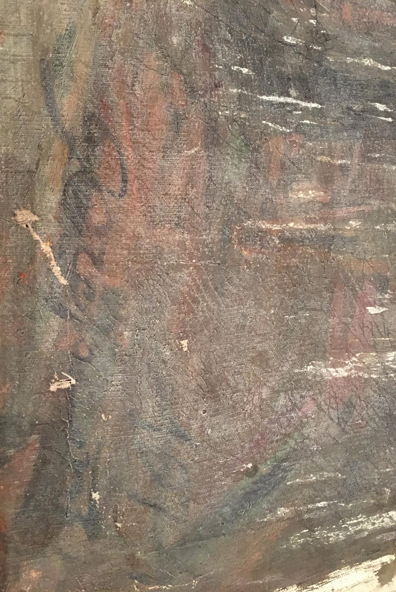 Oil painting Performance by Daniil Bednoshey with weathered canvas and faded earthy tones