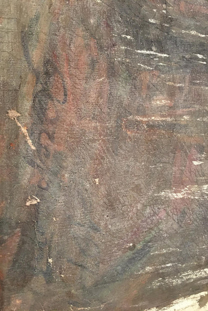 Oil painting Performance by Daniil Bednoshey with weathered canvas and faded earthy tones