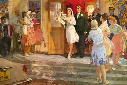 Oil painting by Lizogub Konstantin: bride in white gown with bouquet beside groom