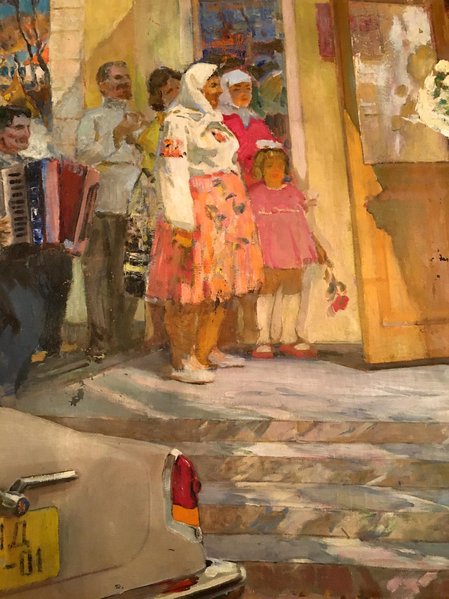 Oil painting by Lizogub Konstantin: vibrant wedding group in traditional attire on stone steps