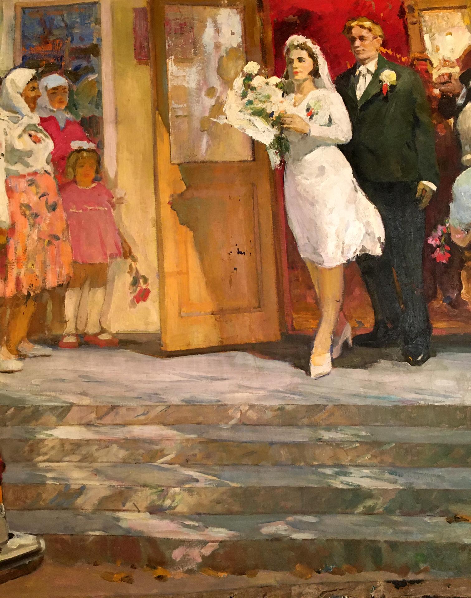 Oil painting of bride in white lace wedding dress and veil by Lizogub Konstantin