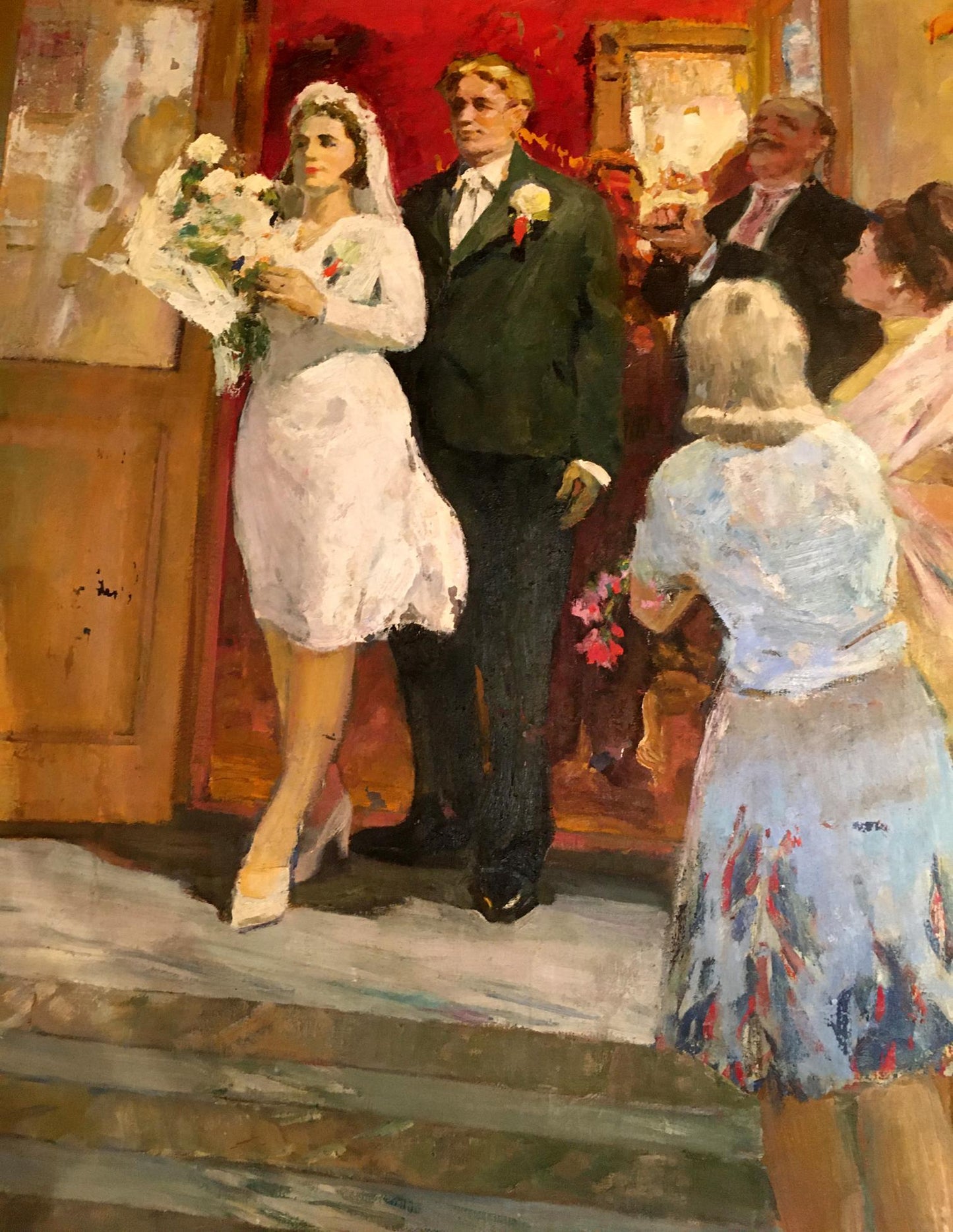 Oil painting of white wedding dress with veil and long sleeves by Lizogub Konstantin