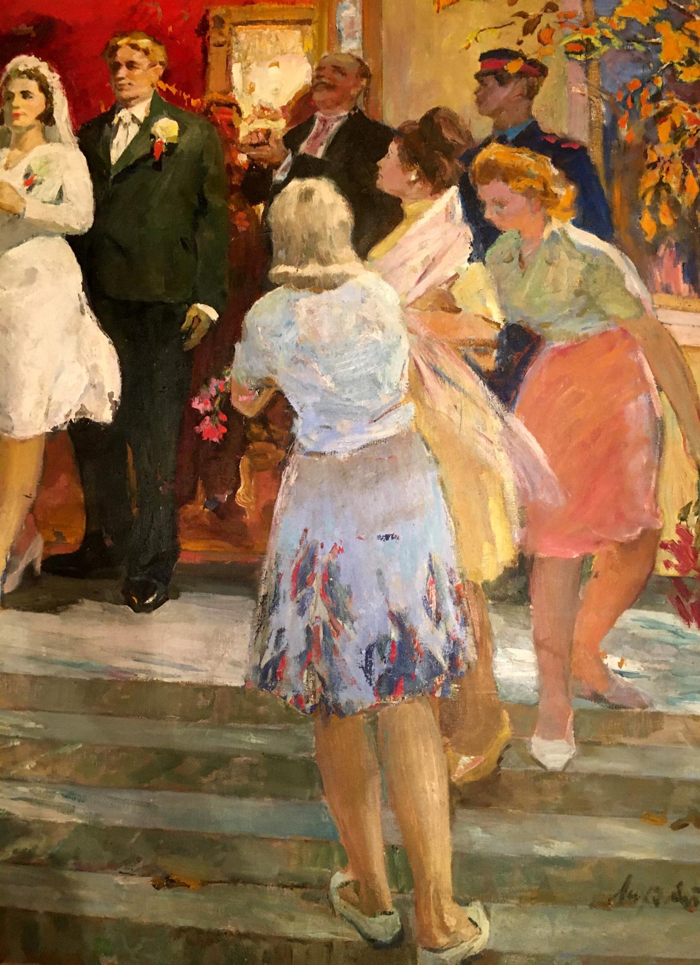 Oil painting by Lizogub Konstantin: woman in blue blouse and floral skirt on stone steps
