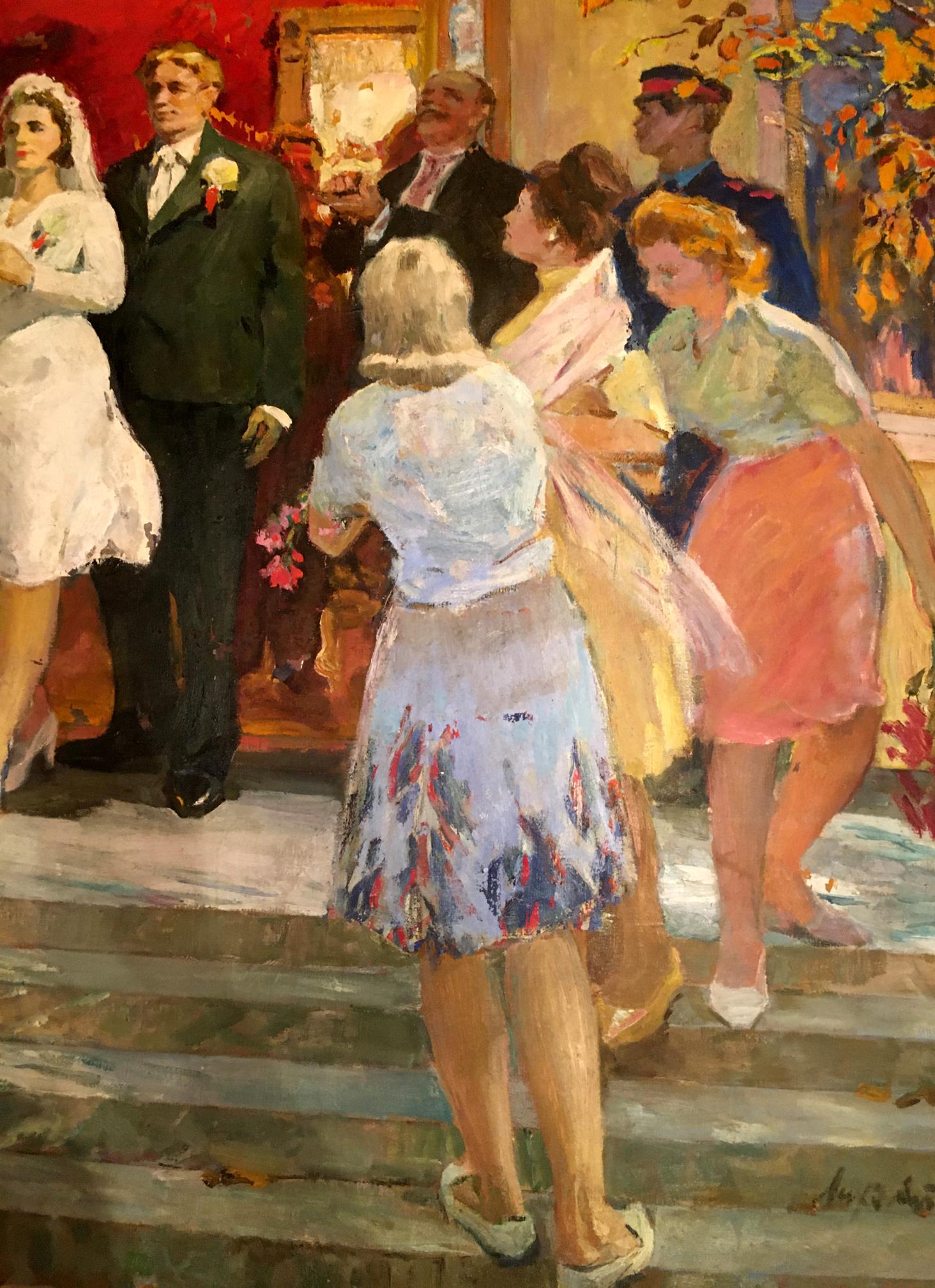 Oil painting by Lizogub Konstantin: woman in blue blouse and floral skirt on stone steps