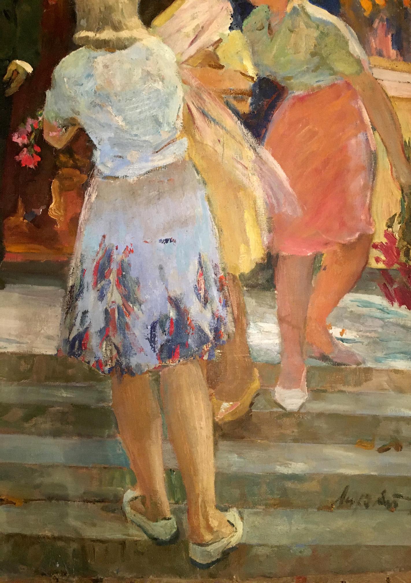 Oil painting by Konstantin Lizogub: woman in blue blouse and floral skirt on stone steps