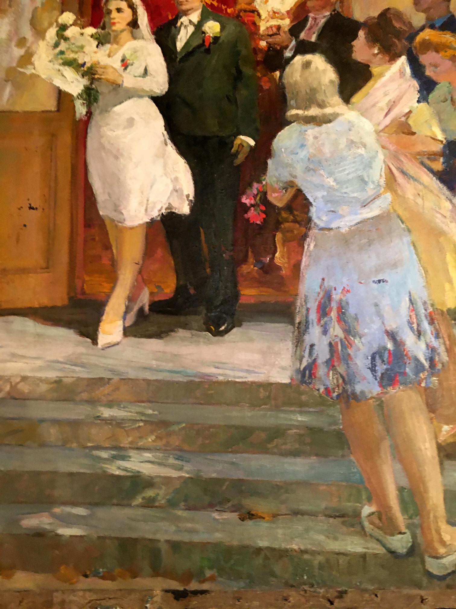 Oil painting by Lizogub Konstantin: bride in white dress holding bouquet
