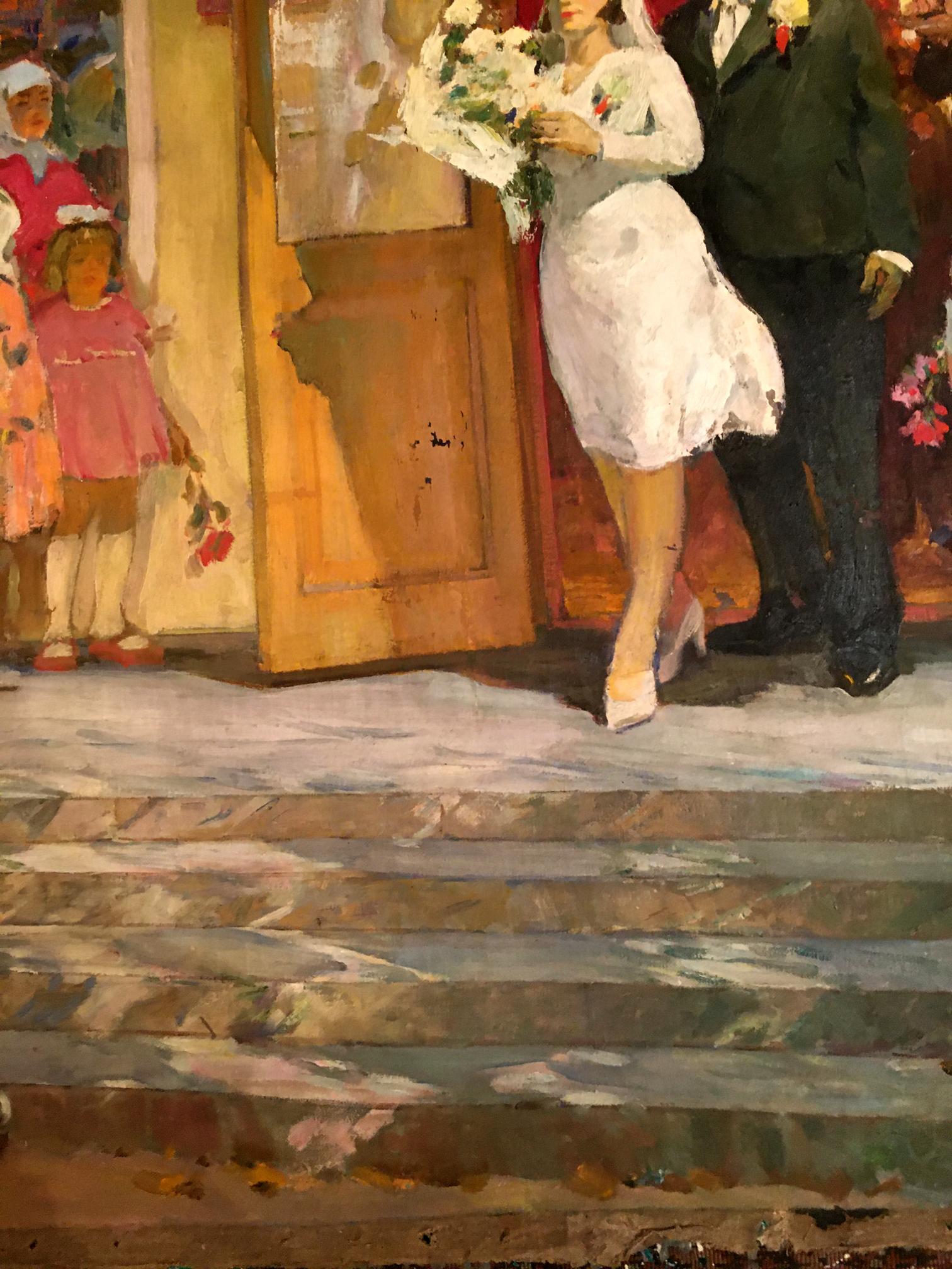 Oil painting of bride in white dress with bouquet by Lizogub Konstantin