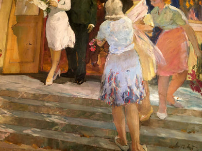 Oil painting by Lizogub Konstantin: woman in blue floral skirt holding pink flowers on stone steps