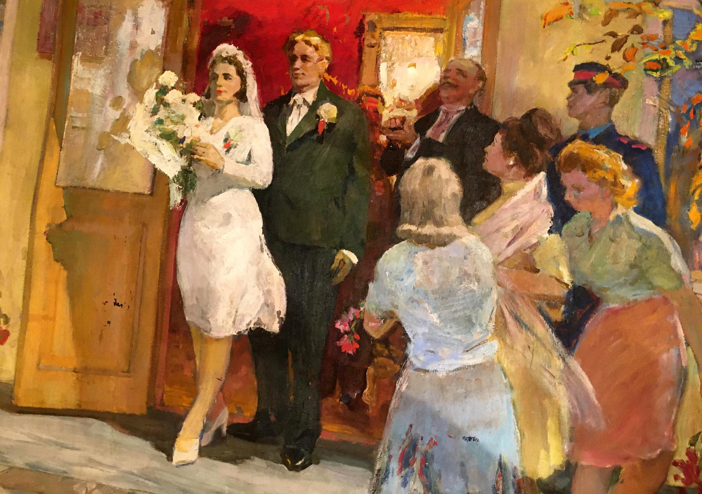 Oil painting by Lizogub Konstantin: bride in white lace dress with bouquet