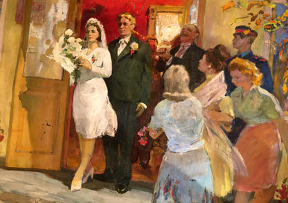 Oil painting by Lizogub Konstantin: bride in white lace dress with bouquet