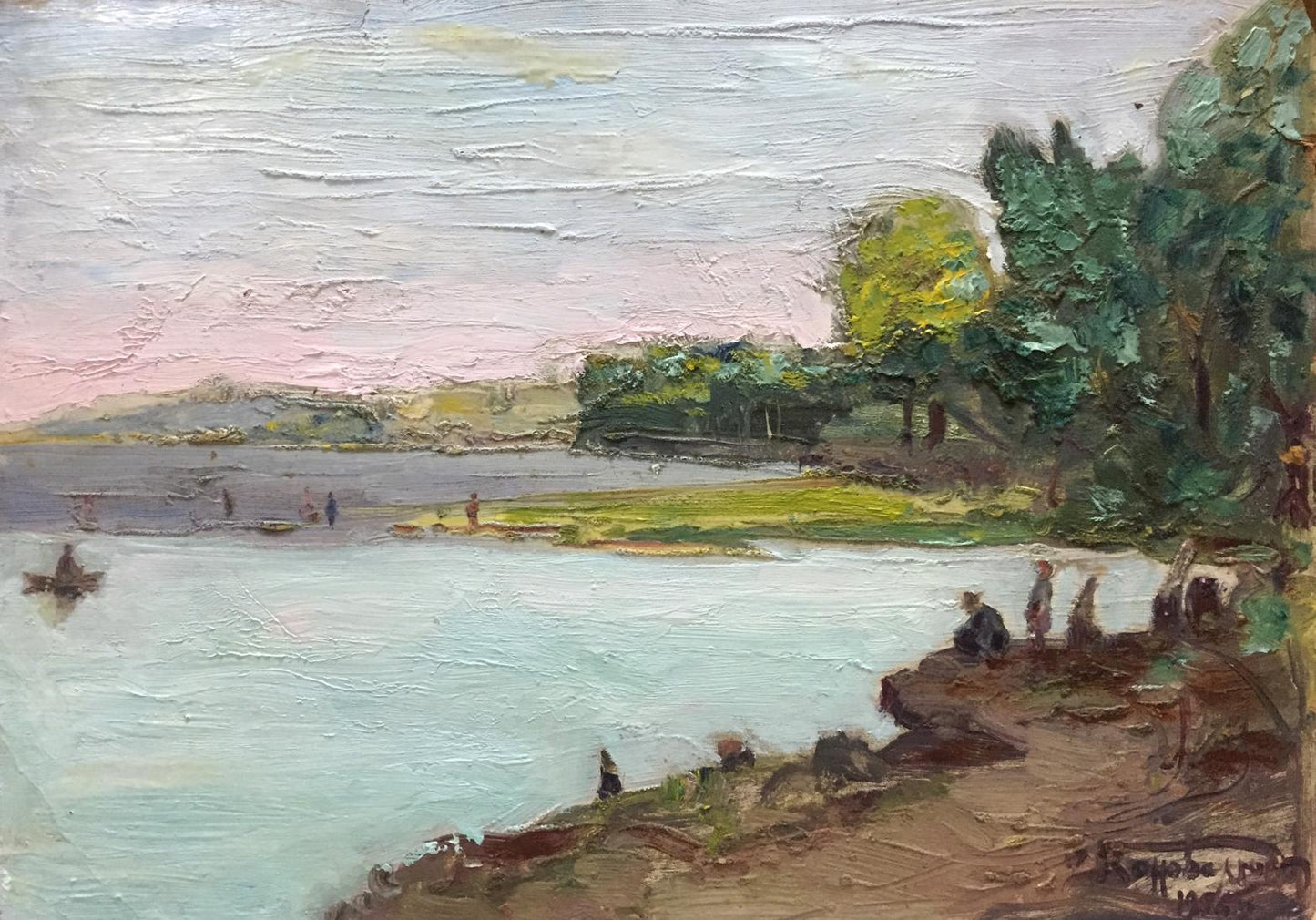 Impressionistic oil painting by Fedir Zotykovych Konovalyuk of people by tranquil lakeside