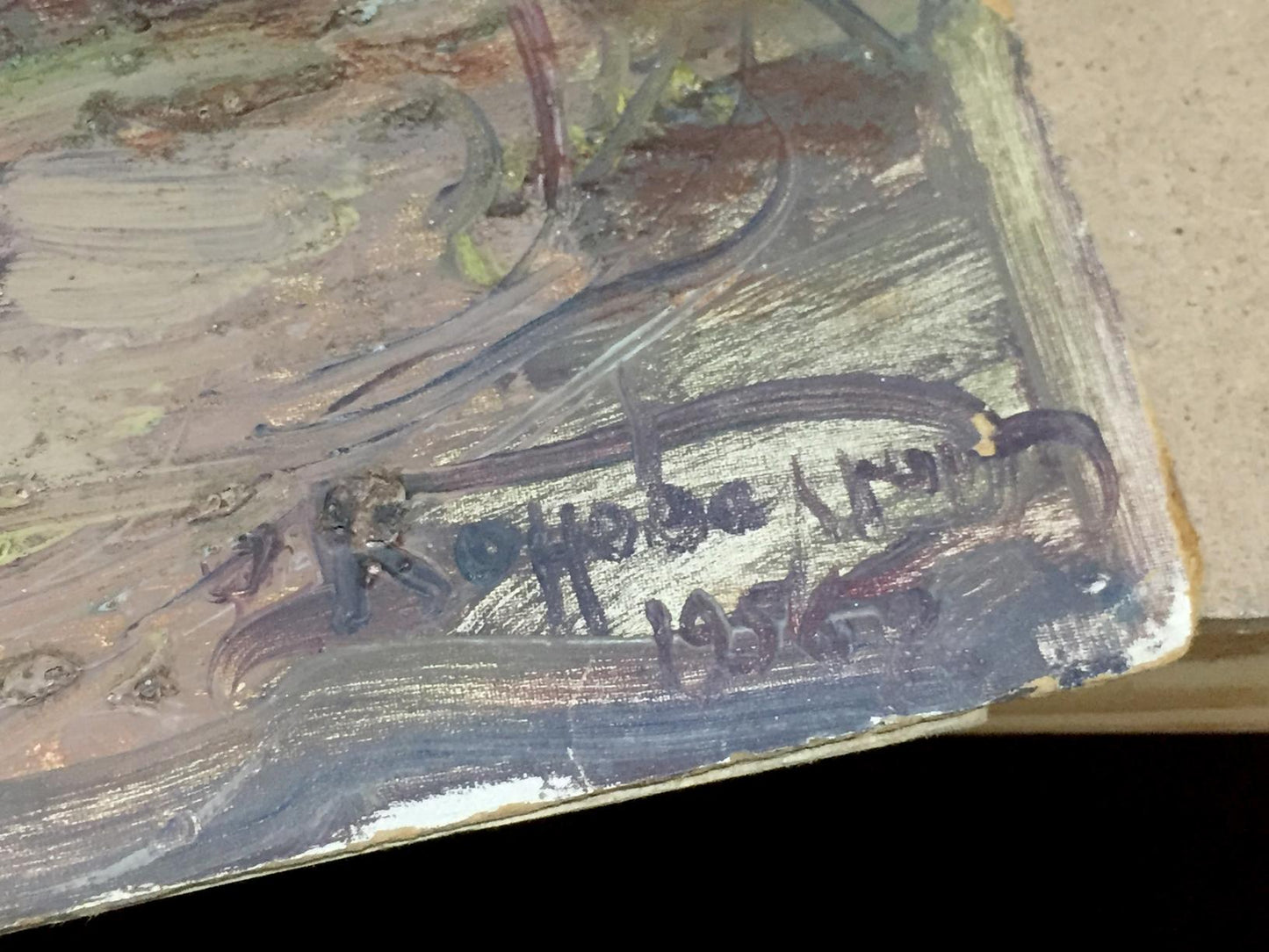 Weathered canvas back of Oil painting People by the river by Fedir Zotykovych Konovalyuk