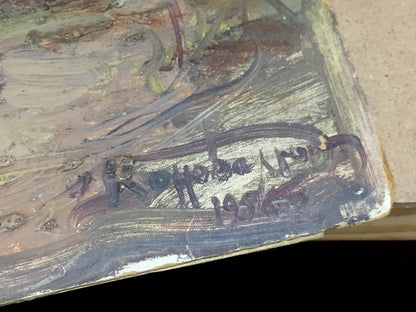 Weathered canvas back of Oil painting People by the river by Fedir Zotykovych Konovalyuk