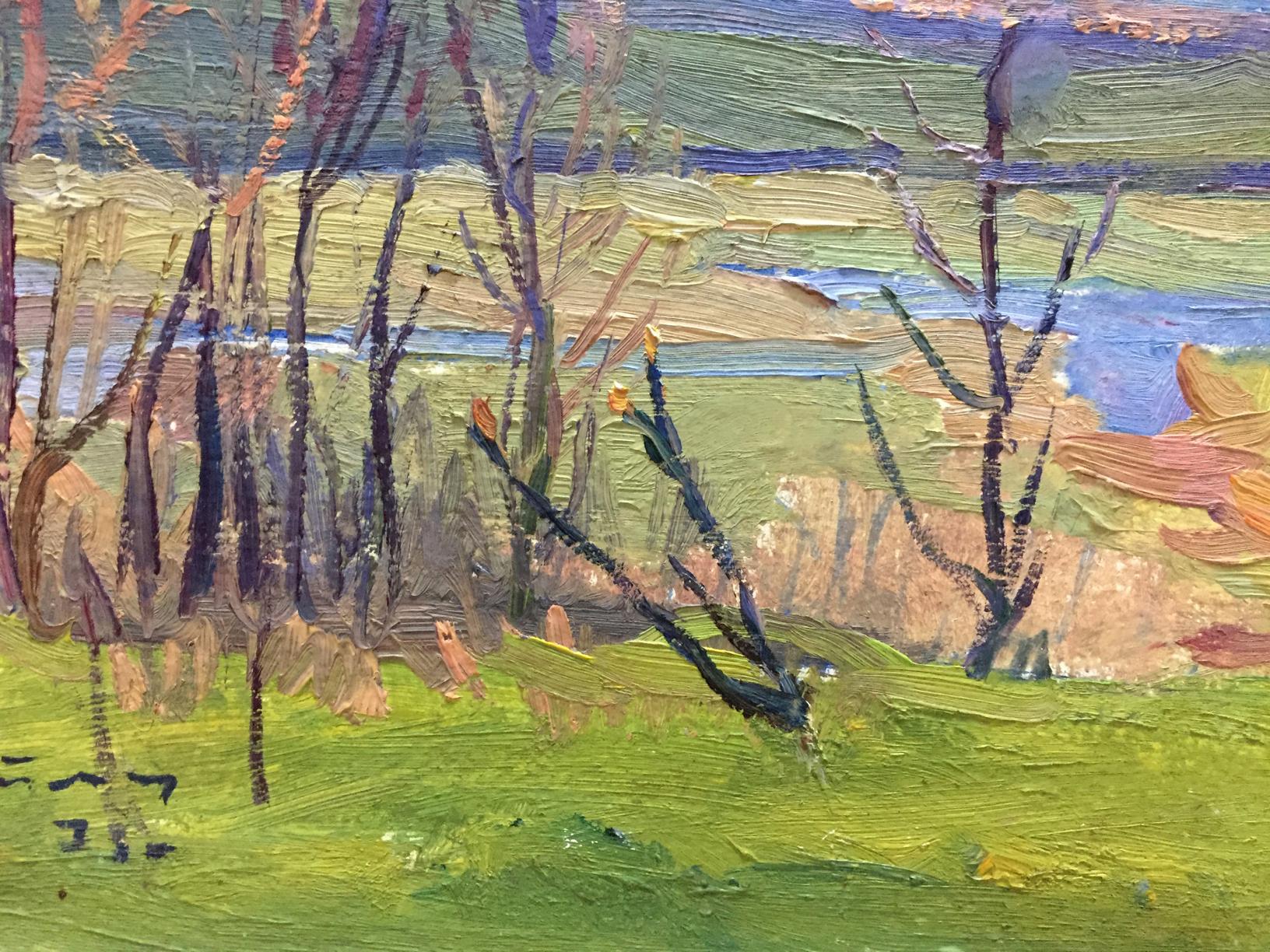 Oil painting Spring by Moses Faybovich Gantman: autumn bare trees, green fields