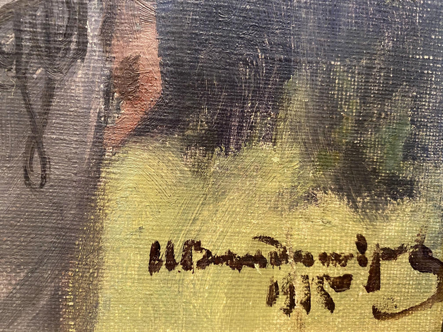 Back of oil painting Hungarian soldier by Ivan Alekseevich Vladimirov with brown ink signature on textured yellow green canvas
